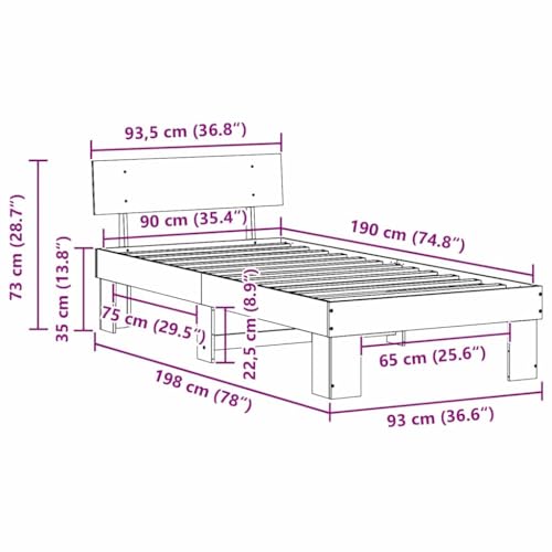 vidaXL Lit Cadre en Pin Marron 90x190cm, Style Moderne pour Intérieur, Base à Lattes Facile à Assembler, Pas de Sommier 