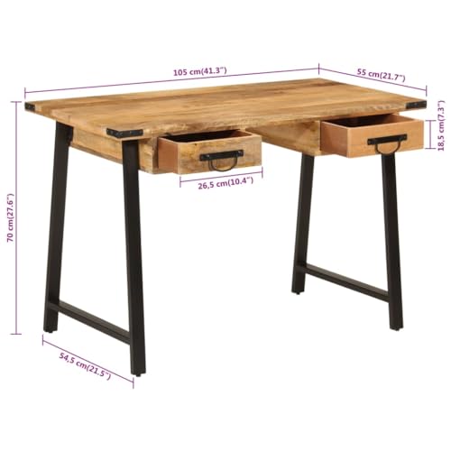 vidaXL Bureau de travail avec rangement pour étudiant, bois de manguier massif et fer, bureau pour domicile
